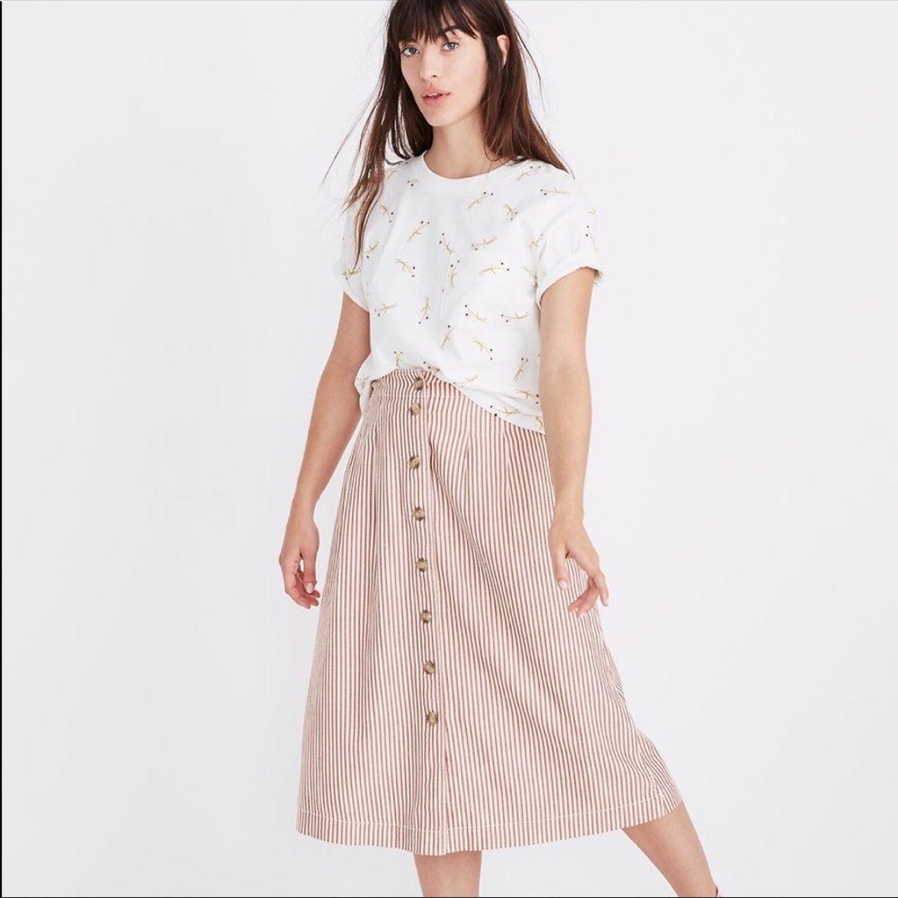 Madewell Button Up Linen Striped Red Tan White Skirt